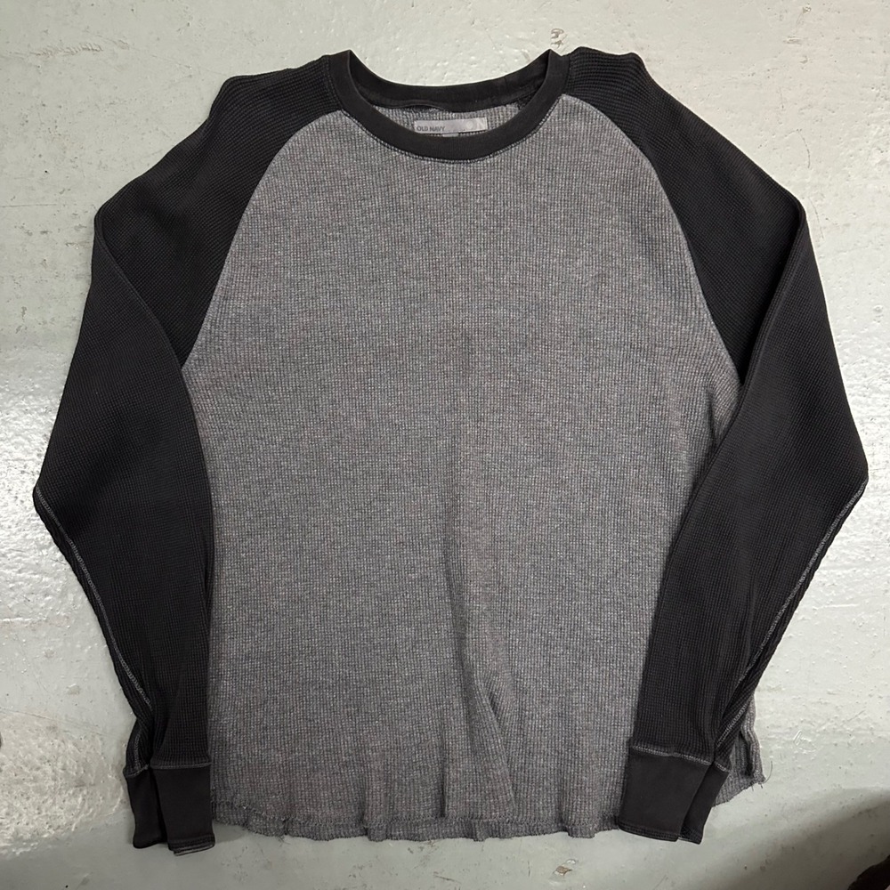 Old Navy Mens Thermal Shirt Large Gray Preowned Raglan Long Sleeve Waffle Knit